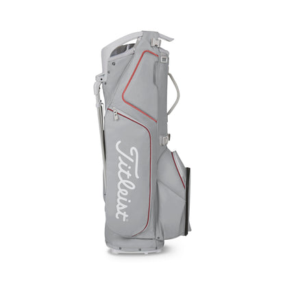 A product image of a Titleist Hybrid 14 Stand Bag - Cool Gray / Crimson / White on a white background