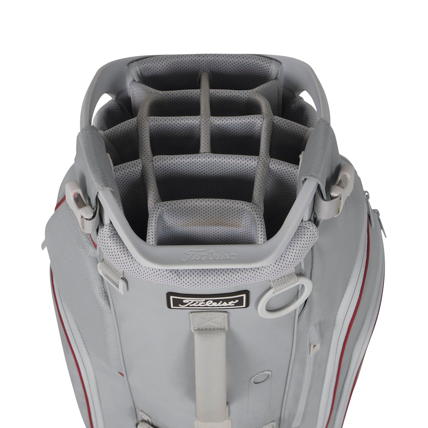 A product image of a Titleist Hybrid 14 Stand Bag - Cool Gray / Crimson / White on a white background