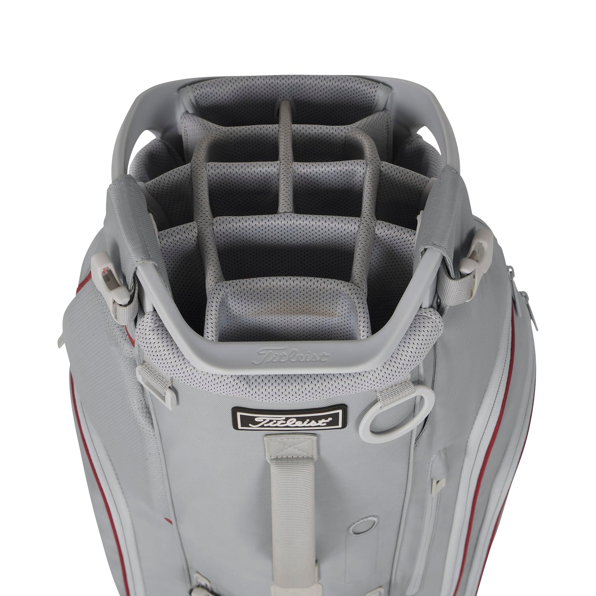 A product image of a Titleist Hybrid 14 Stand Bag - Cool Gray / Crimson / White on a white background