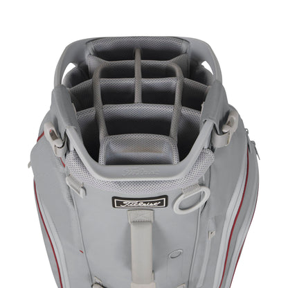 A product image of a Titleist Hybrid 14 Stand Bag - Cool Gray / Crimson / White on a white background
