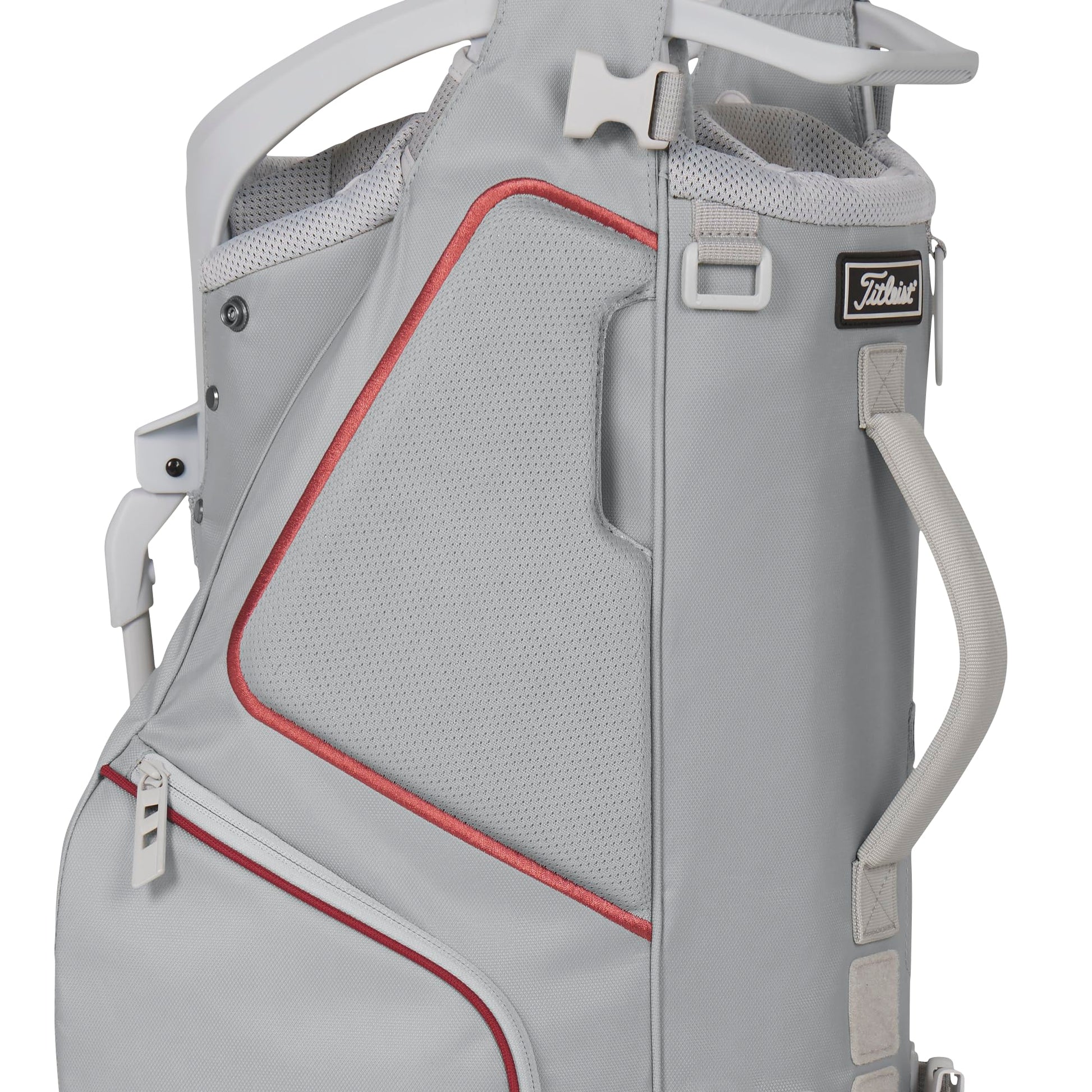 A product image of a Titleist Hybrid 14 Stand Bag - Cool Gray / Crimson / White on a white background