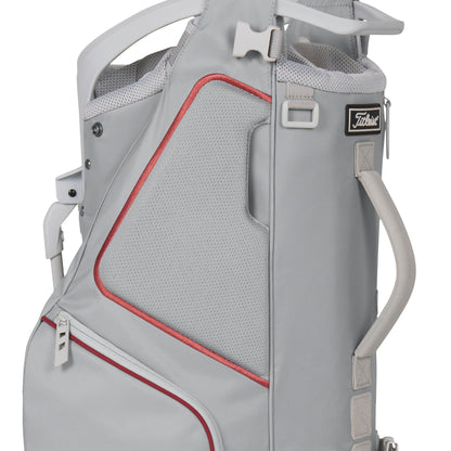 A product image of a Titleist Hybrid 14 Stand Bag - Cool Gray / Crimson / White on a white background