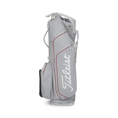 A product image of a Titleist Hybrid 14 Stand Bag - Cool Gray / Crimson / White on a white background