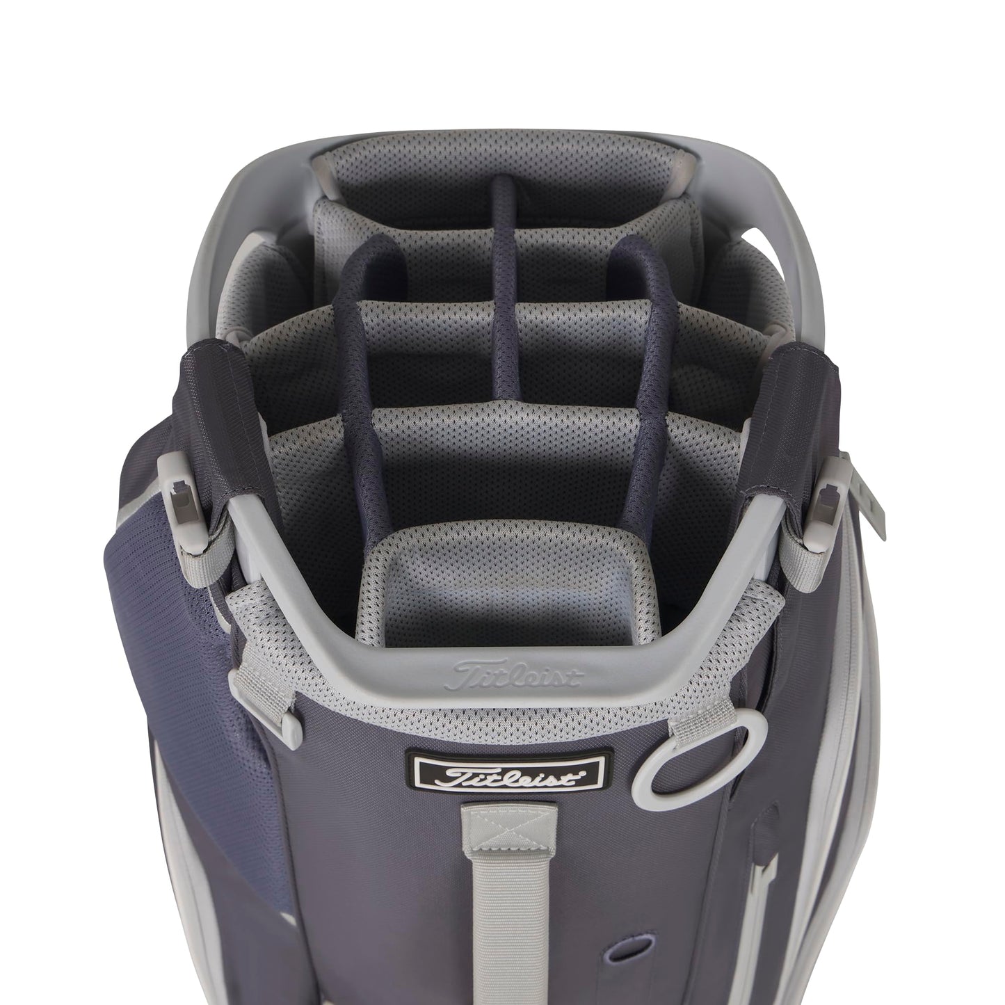A product image of a Titleist Hybrid 14 Stand Bag - Washed Indigo / Marble / White on a white background