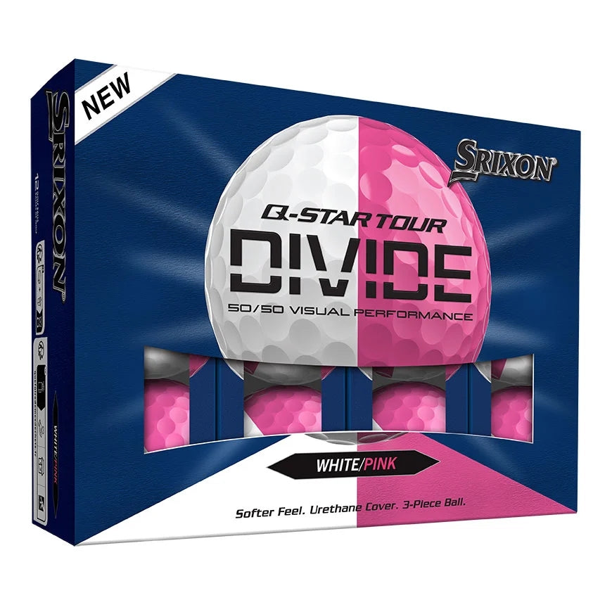 A product image of a Srixon Q-Star Tour 6 Divide Golf Balls - White/Pink - Dozen on a white background