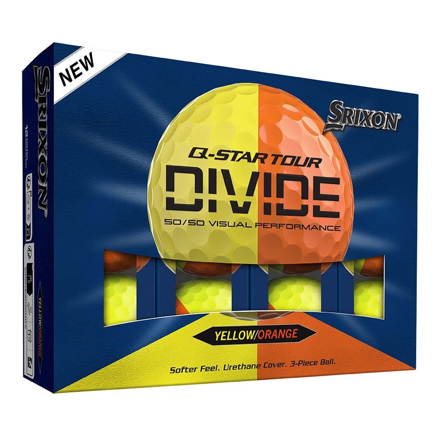A product image of a Srixon Q-Star Tour 6 Divide Golf Balls - Yellow/Orange - Dozen on a white background