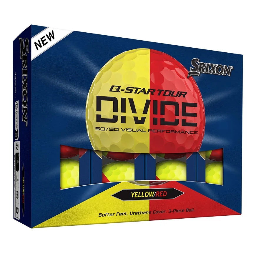 A product image of a Srixon Q-Star Tour 6 Divide Golf Balls - Yellow/Red - Dozen on a white background
