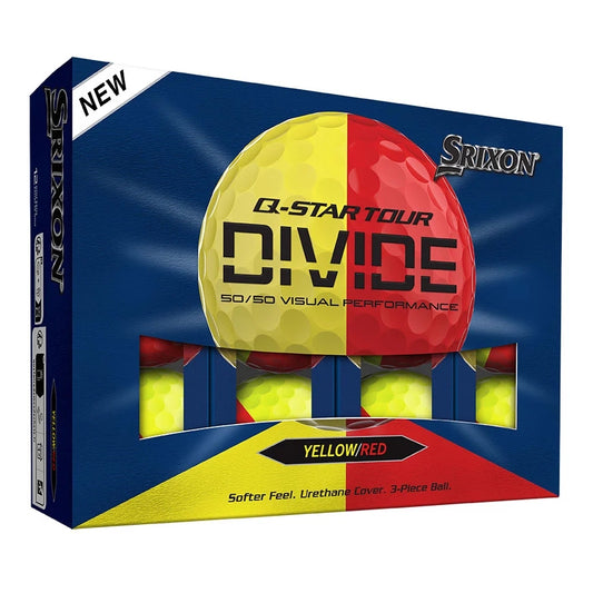 A product image of a Srixon Q-Star Tour 6 Divide Golf Balls - Yellow/Red - Dozen on a white background