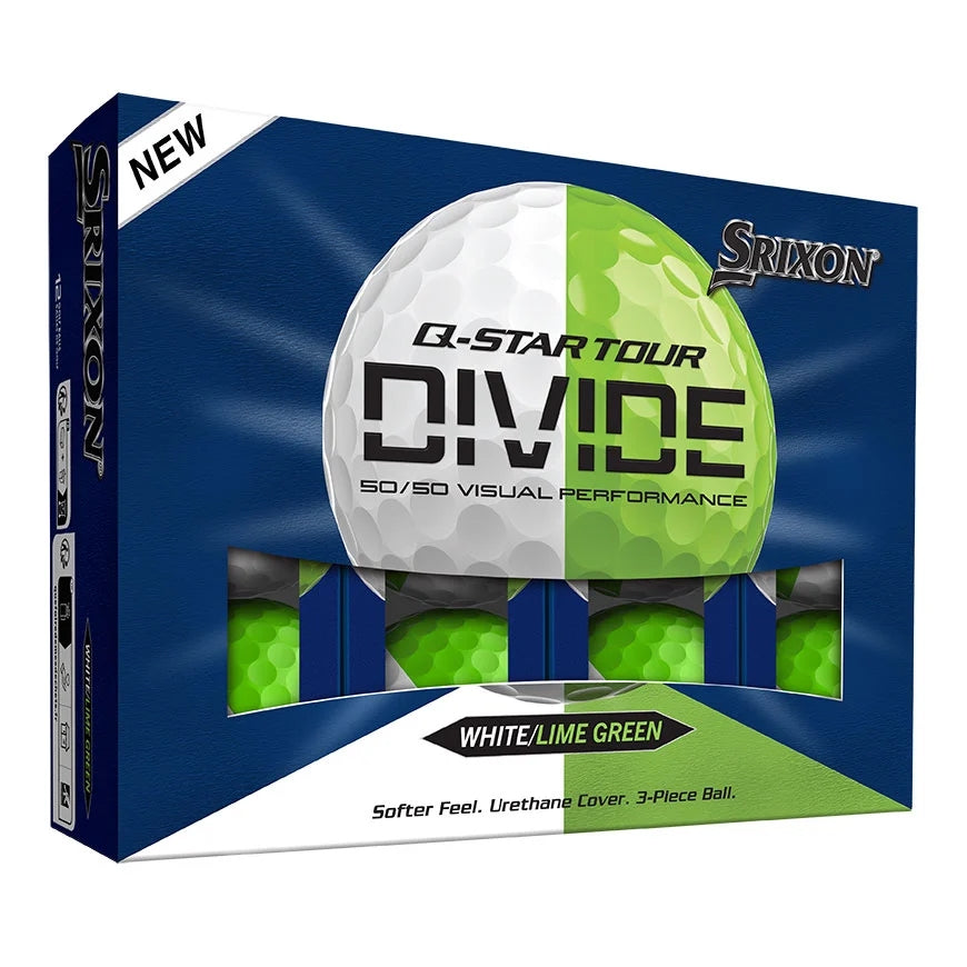 A product image of a Srixon Q-Star Tour 6 Divide Golf Balls - White/Green - Dozen on a white background