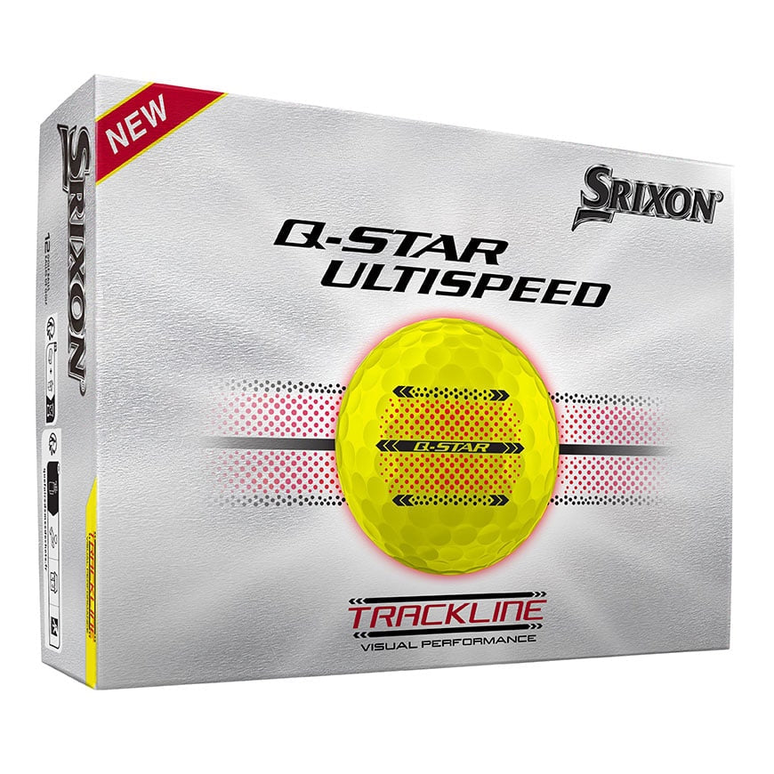 A product image of a Srixon Q-Star Ultispeed Track Golf Balls - Yellow - Dozen on a white background