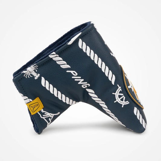 A product image of a PING Captains Blade Putter Headcover - Navy on a white background