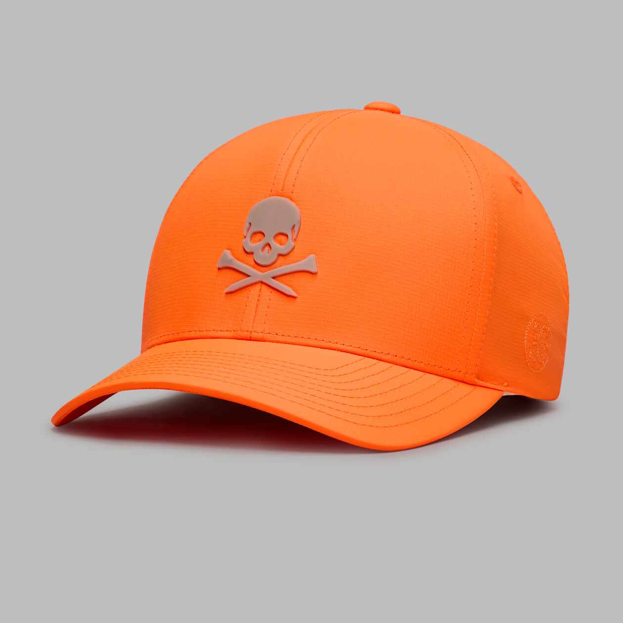 A product image of a GFore Skull & Tees Low Profile Hat - Shocking Orange on a white background