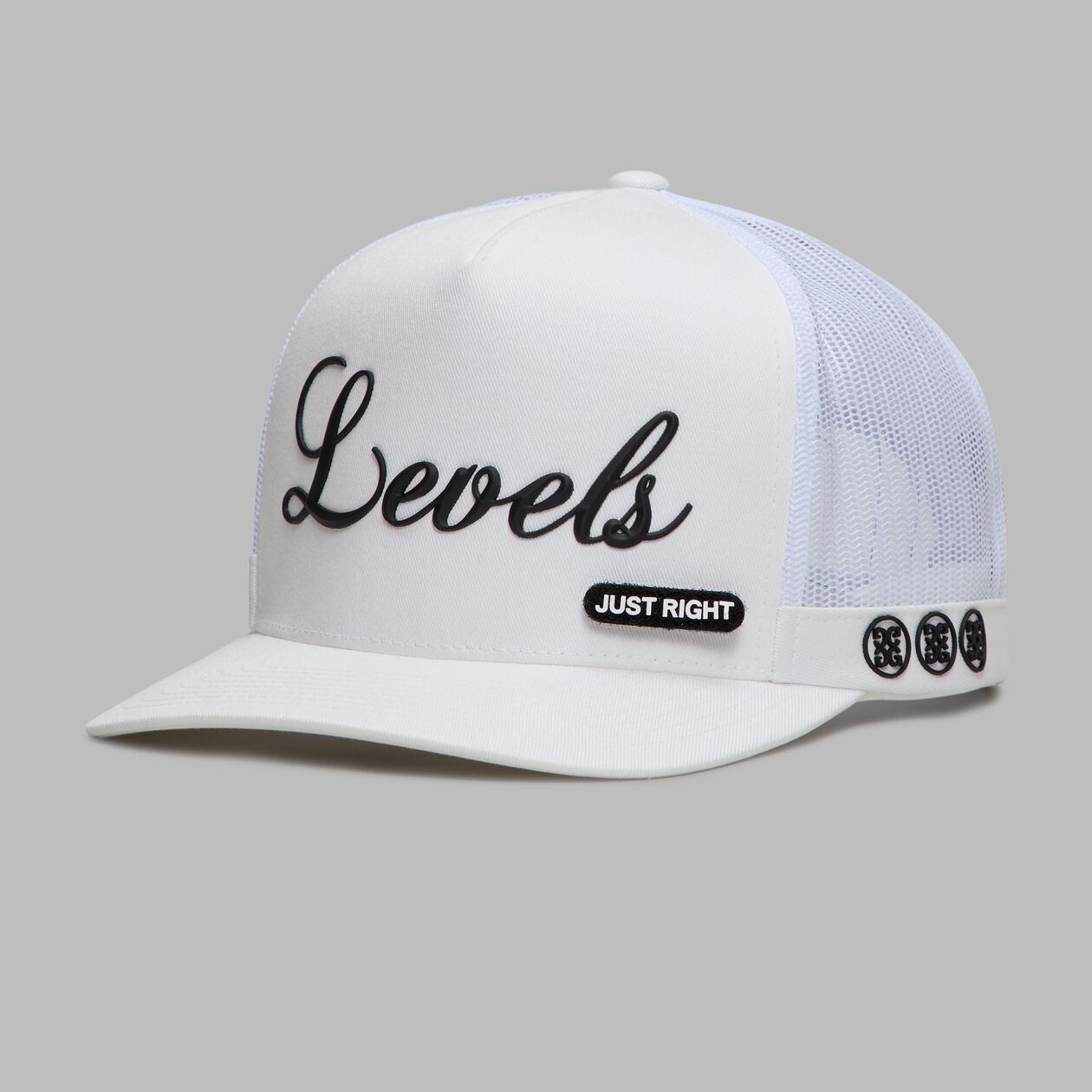 A product image of a GFore Daily Levels Tall Trucker Hat - Snow on a white background