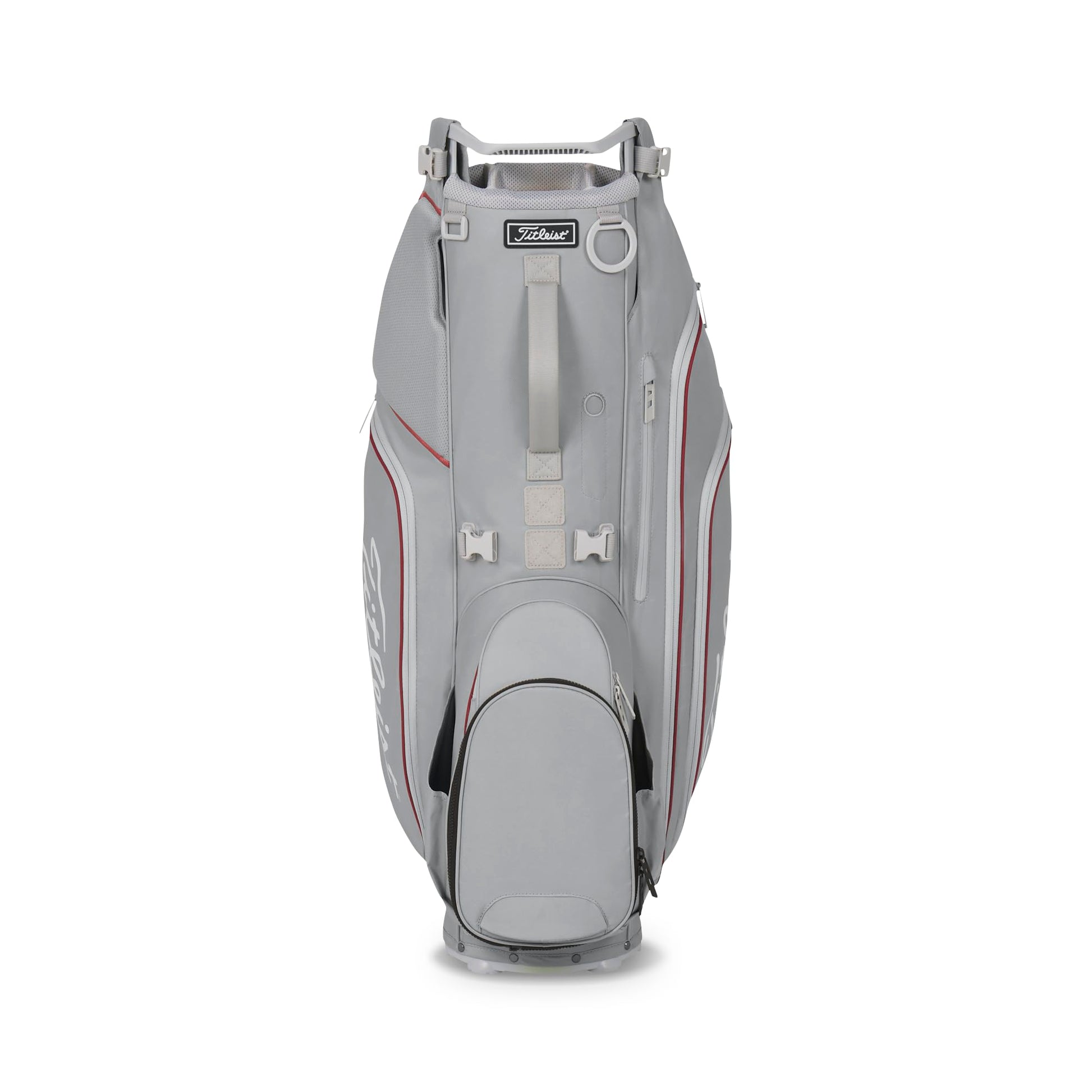 A product image of a Titleist Hybrid 14 Stand Bag - Cool Gray / Crimson / White on a white background