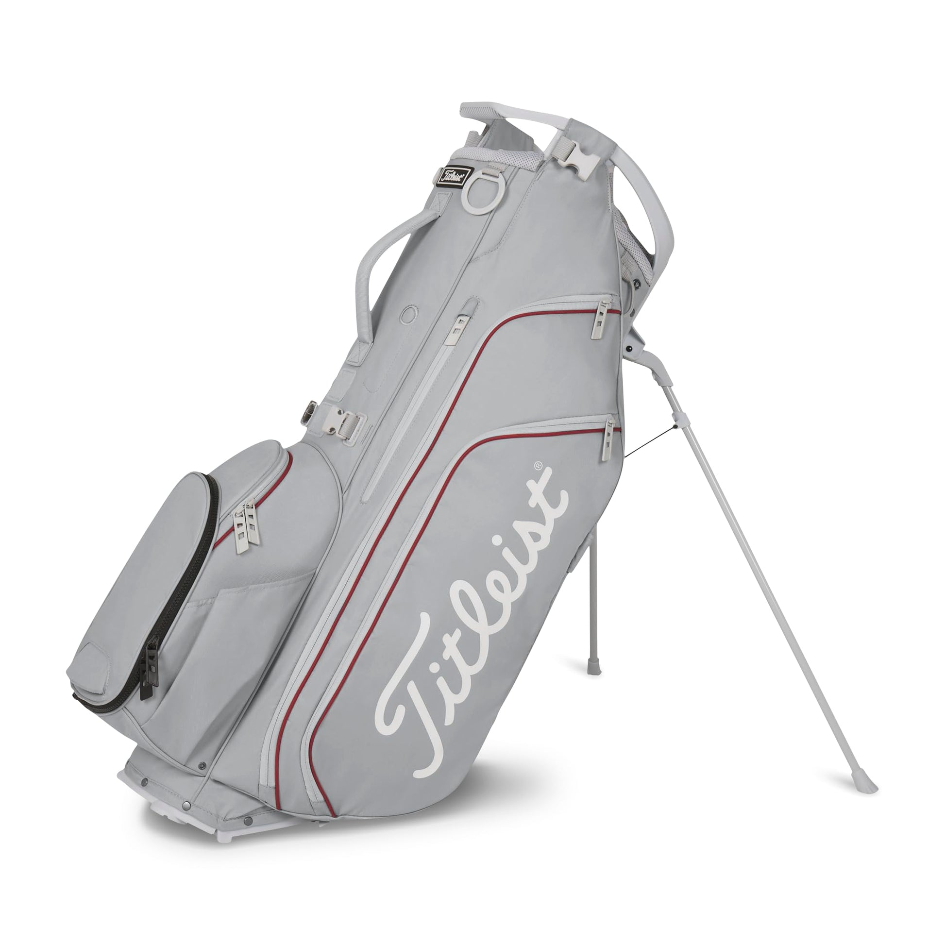 A product image of a Titleist Hybrid 14 Stand Bag - Cool Gray / Crimson / White on a white background