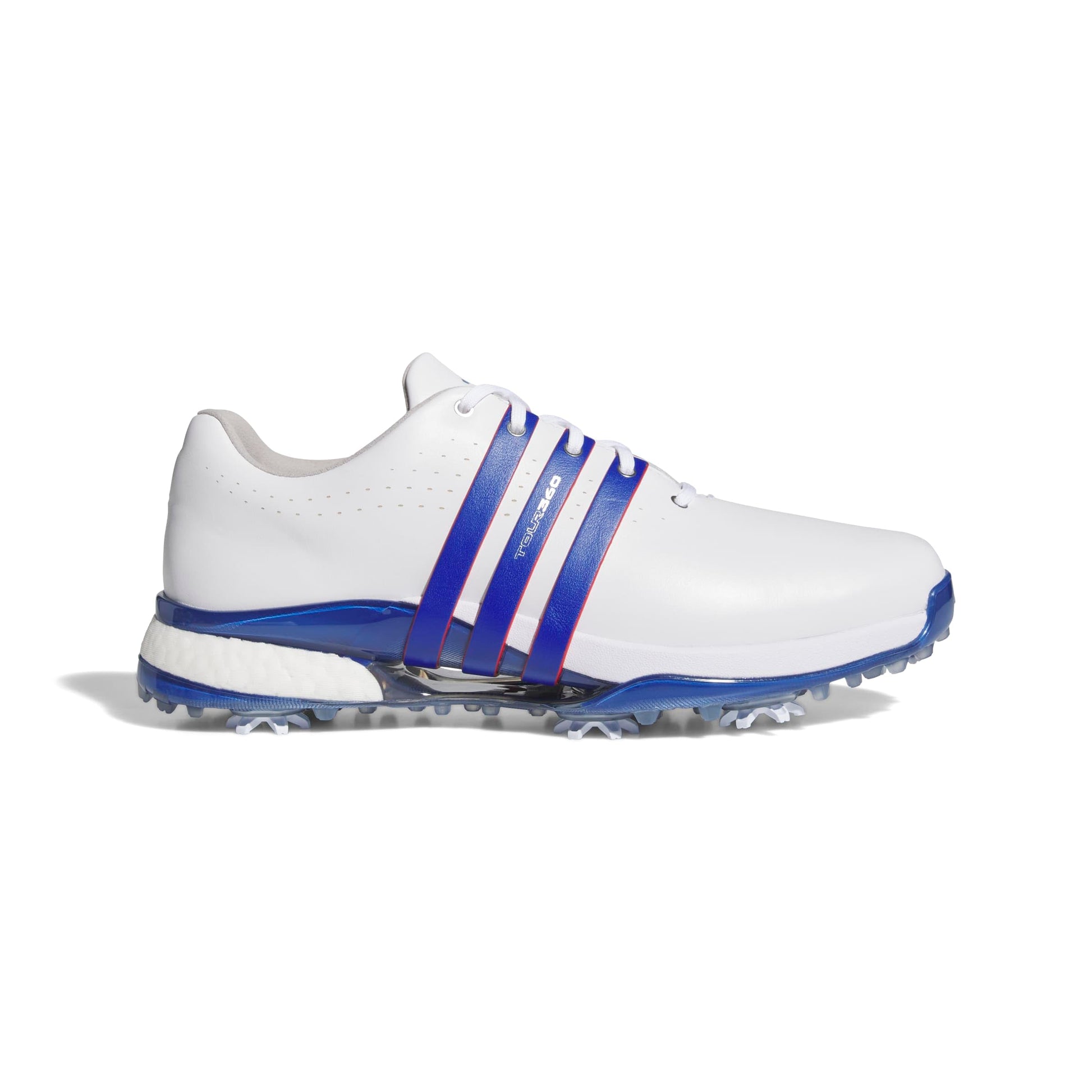 An image of a Adidas Tour 360 2024 Golf Shoes - White/Royal/BETSCA on a white background