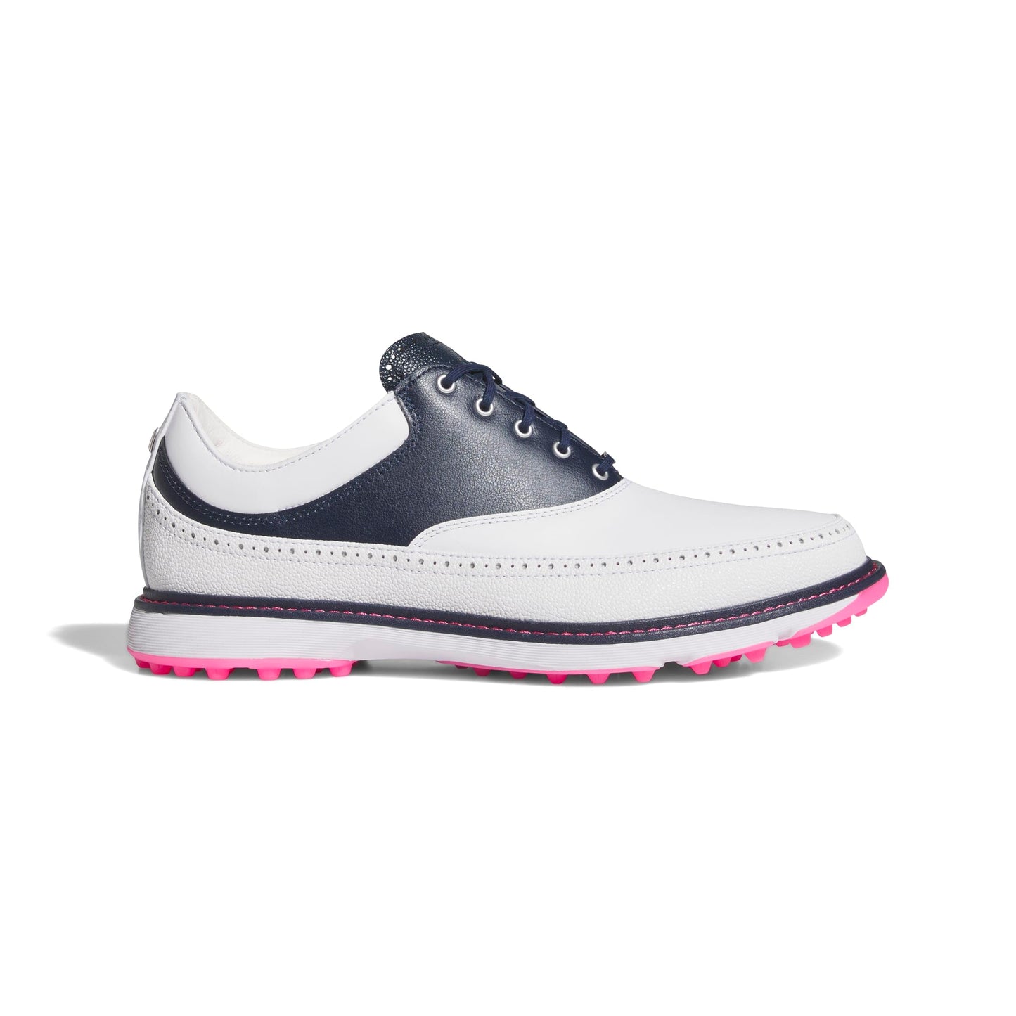 An image of a Adidas MC80 Golf Shoes - White/Navy/Pink on a white background