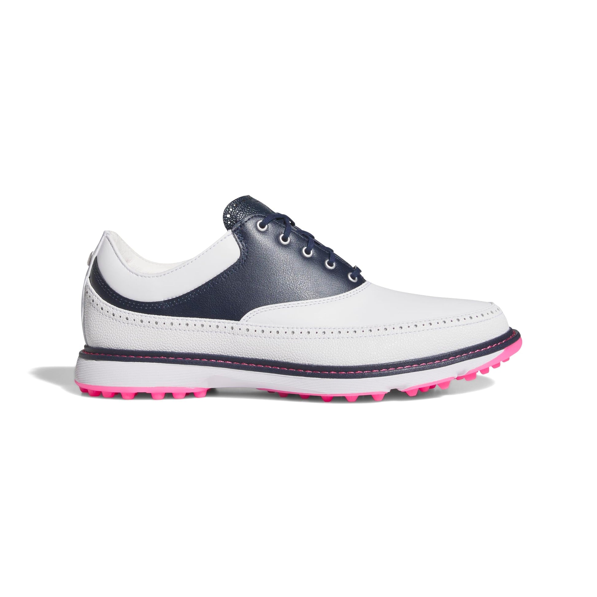 An image of a Adidas MC80 Golf Shoes - White/Navy/Pink on a white background