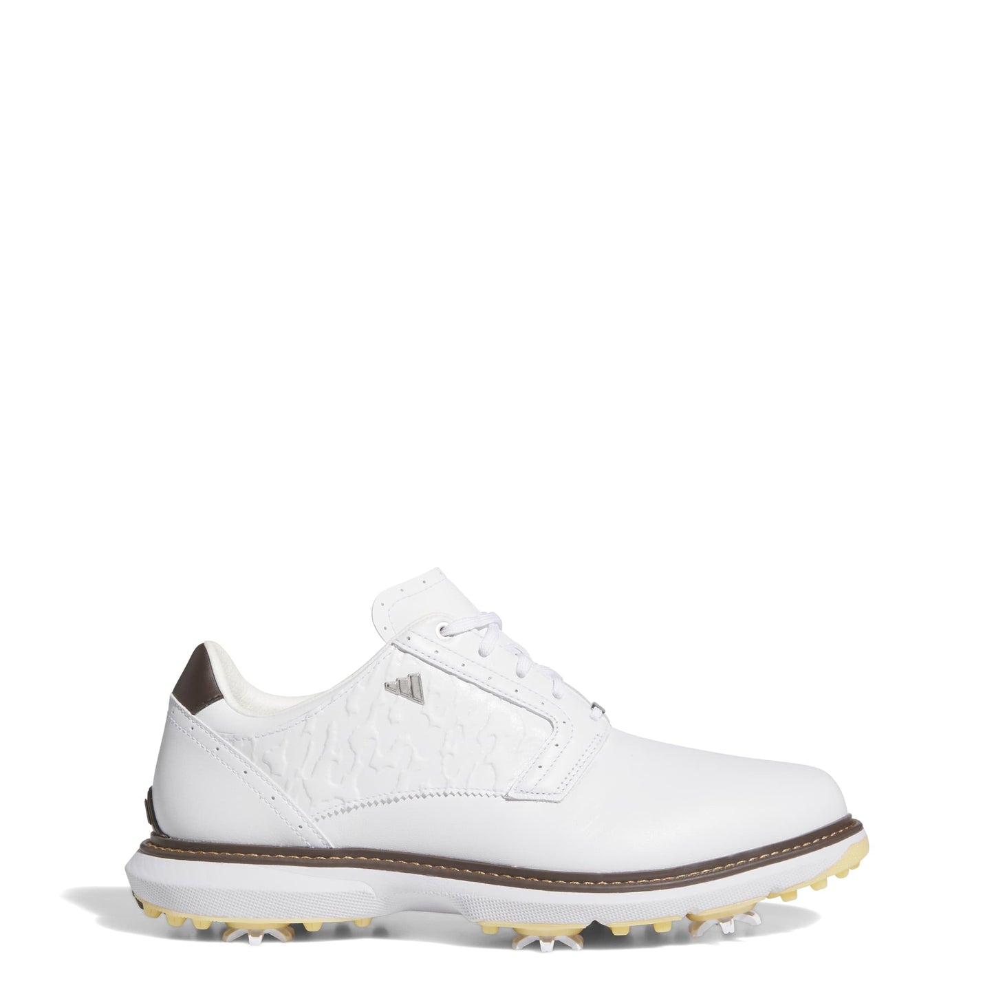 An image of a Adidas MC70 Golf Shoes - White/Silver/Brown on a white background