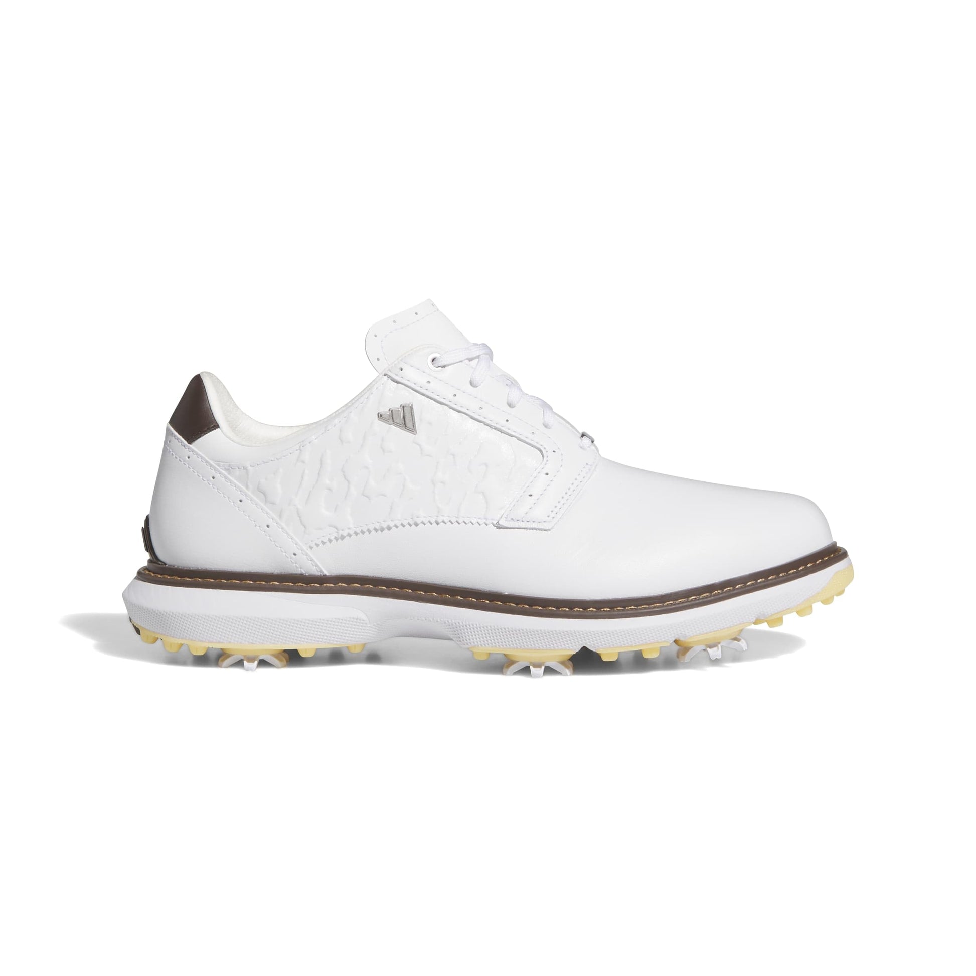 An image of a Adidas MC70 Golf Shoes - White/Silver/Brown on a white background