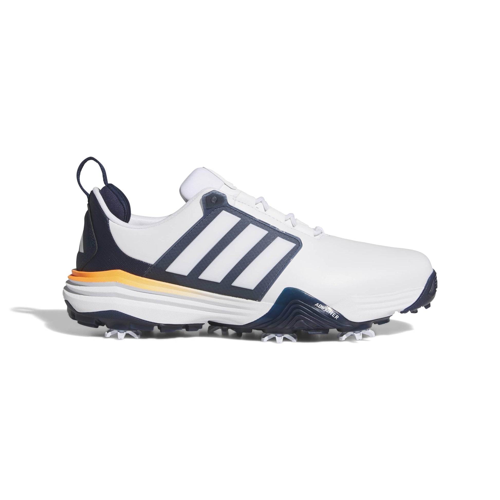 An image of a Adidas Adipower 26 Golf Shoes - White/Navy/Lucid Orange on a white background