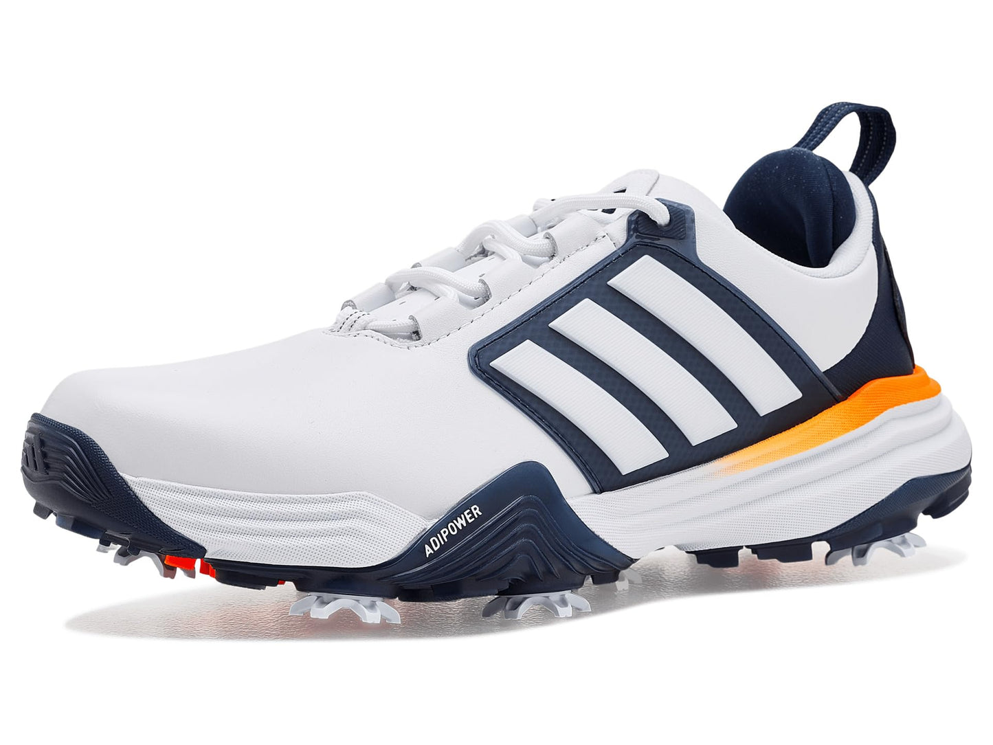 An image of a Adidas Adipower 26 Golf Shoes - White/Navy/Lucid Orange on a white background