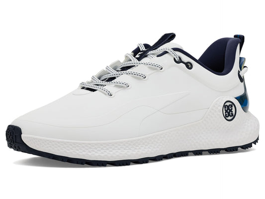 A product image of a GFore MG4+ O2 Golf Shoes - Snow / Twilight on a white background