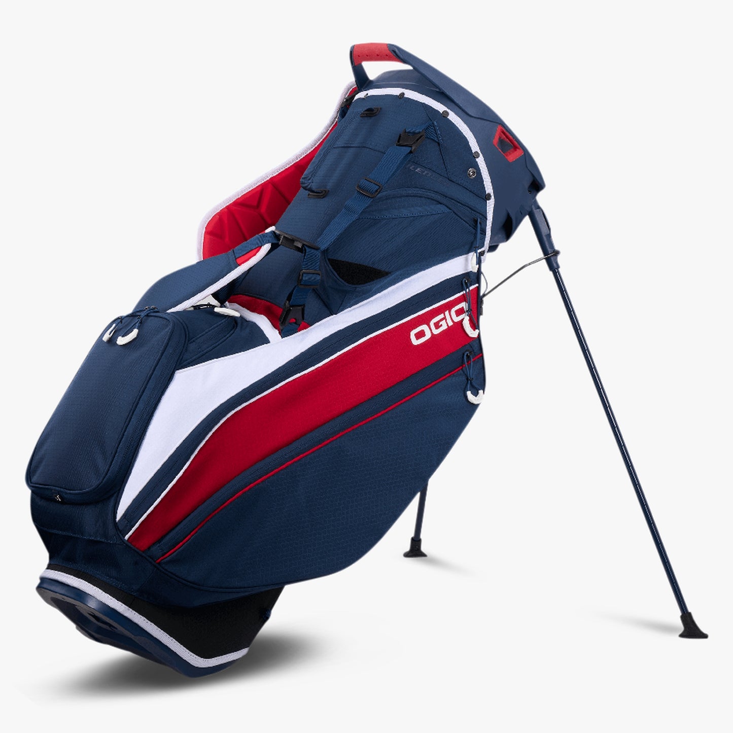 An image of a OGIO 2026 Silencer Hybrid Golf Stand Bag - Red / White / Blue on a white background