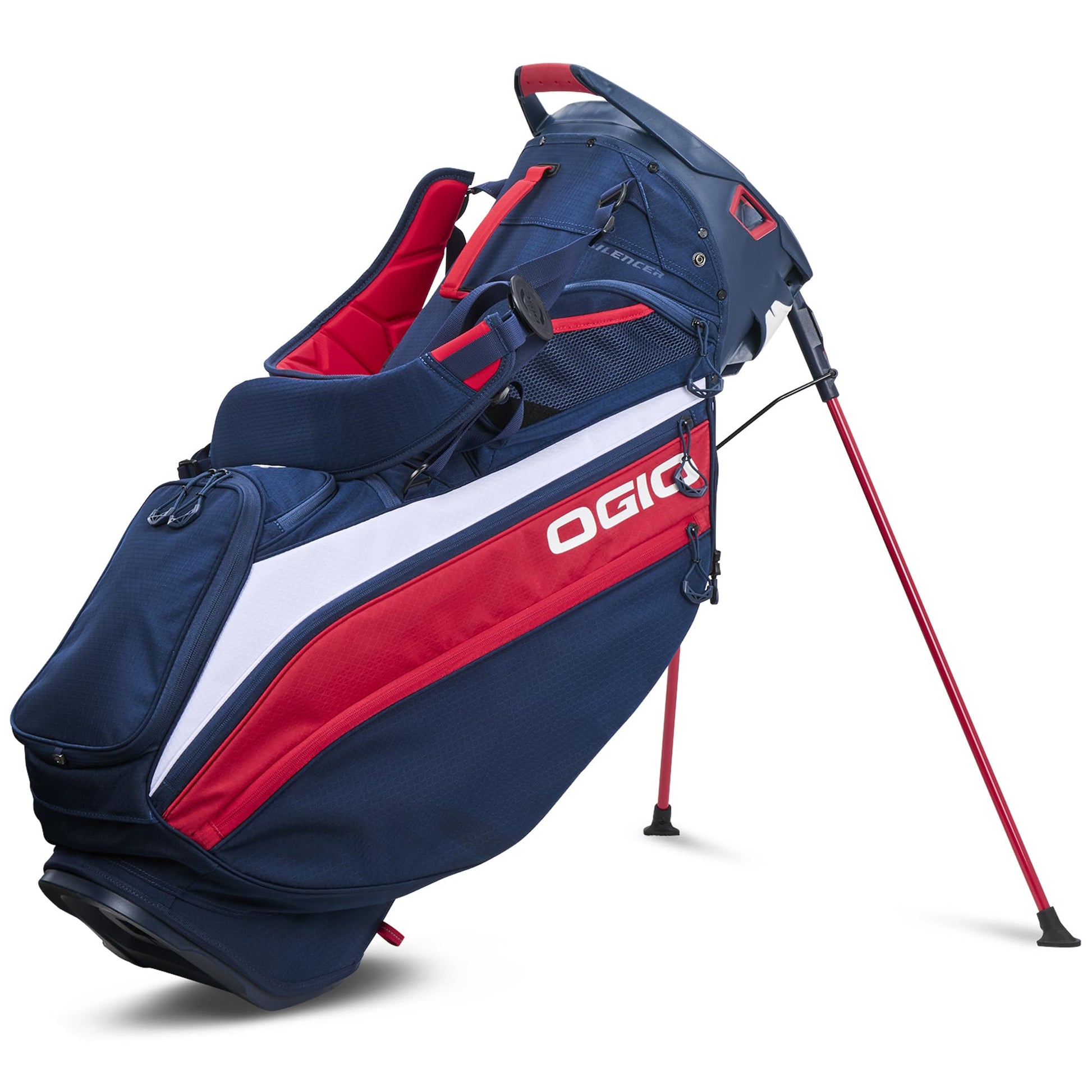 An image of a OGIO Silencer Stand Bag - Red/White/Blue 25 on a white background