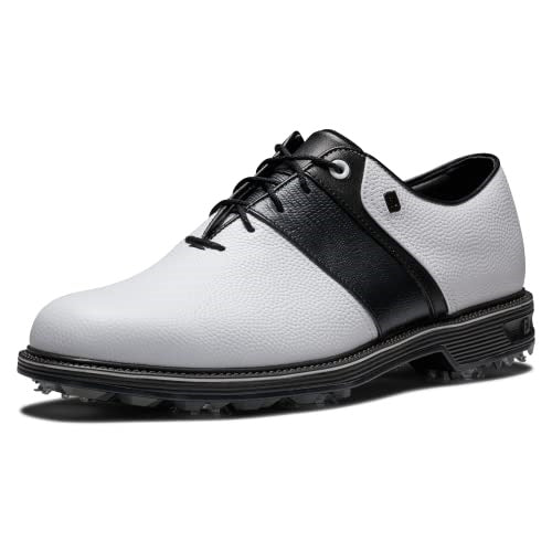 An image of a FootJoy Dry Joy Premiere Cleated Golf Shoes - White/Black on a white background