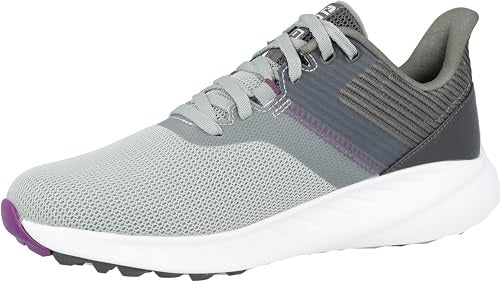 An image of a FootJoy Flex Women's Spikeless Golf Shoes - Gray/White/Purple on a white background