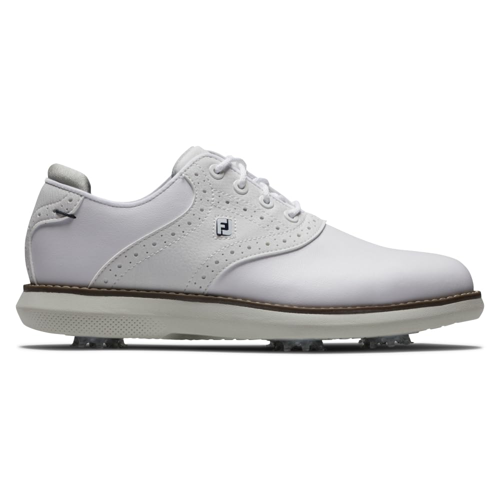 An image of a FootJoy Junior Boys Golf Shoes - White / White / Grey on a white background