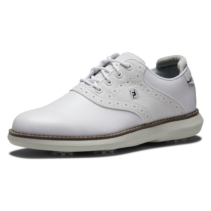 An image of a FootJoy Junior Boys Golf Shoes - White / White / Grey on a white background