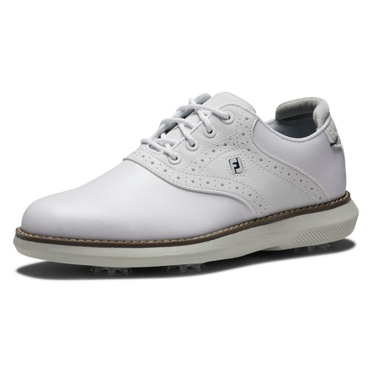 An image of a FootJoy Junior Boys Golf Shoes - White / White / Grey on a white background