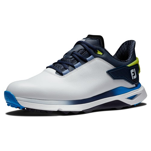 An image of a FootJoy Pro SLX Spikeless Golf Shoes - White / Navy / Blue - 8.5 on a white background