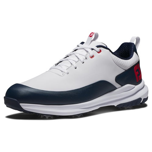 An image of a FootJoy Tour Rival Golf Shoes - White / Navy / Red - 7.5W on a white background