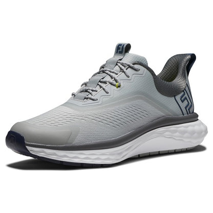 An image of a FootJoy Quantum Golf Shoes - Gray / White / Blue - 9 on a white background