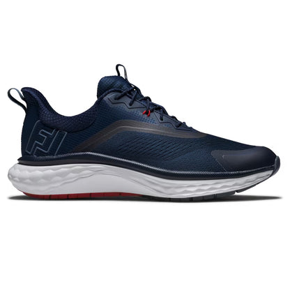 An image of a FootJoy Quantum Golf Shoes - Navy / White / Red - 8.5 on a white background