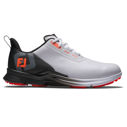 An image of a FootJoy Fuel Spikeless Laced Golf Shoes - White / Black / Coral - 10.0 M on a white background