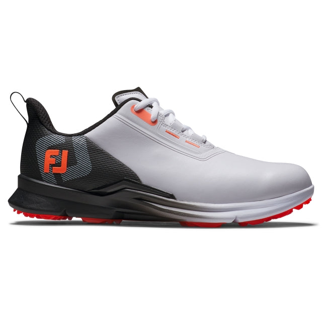 An image of a FootJoy Fuel Spikeless Laced Golf Shoes - White / Black / Coral - 11.5 M on a white background