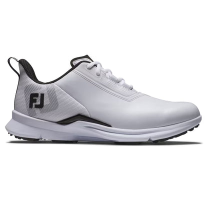 An image of a FootJoy Fuel Spikeless Laced Golf Shoes - White / Navy / Blue - 10.5 M on a white background