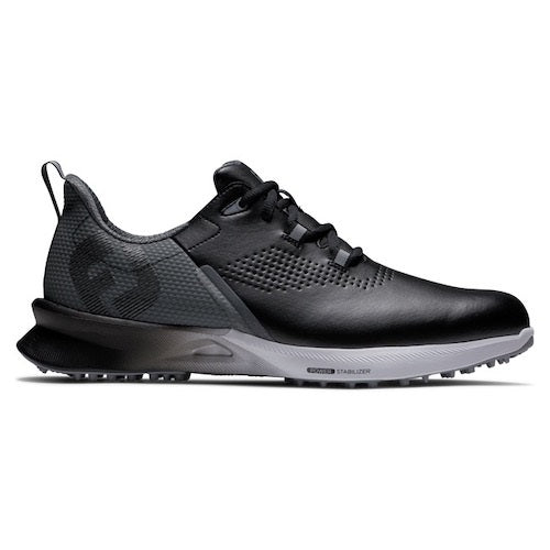 An image of a FootJoy Fuel Spikeless Laced Golf Shoes - Black / Charcoal / Silver - 140 on a white background