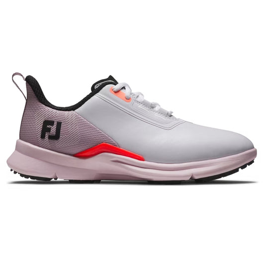 An image of a FootJoy Fuel Spikeless Laces Women's Golf Shoes - White / Pink / Coral on a white background