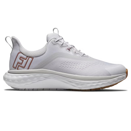 An image of a FootJoy Quantum Spikeless Laced Women's Golf Shoes - White / Rose on a white background
