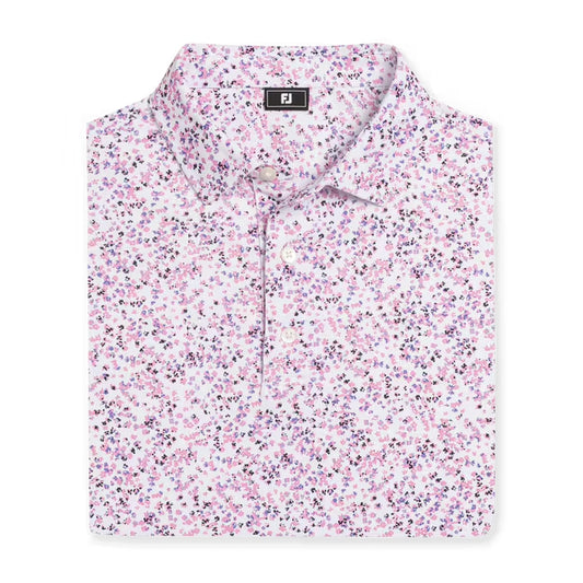An image of a FootJoy Watercolor Floral Print Polo - White/Pink Pop/Vivid Violet on a white background