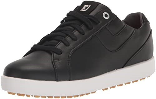 An image of a FootJoy Links Women's Spikeless Golf Shoes - Black/Black/White on a white background