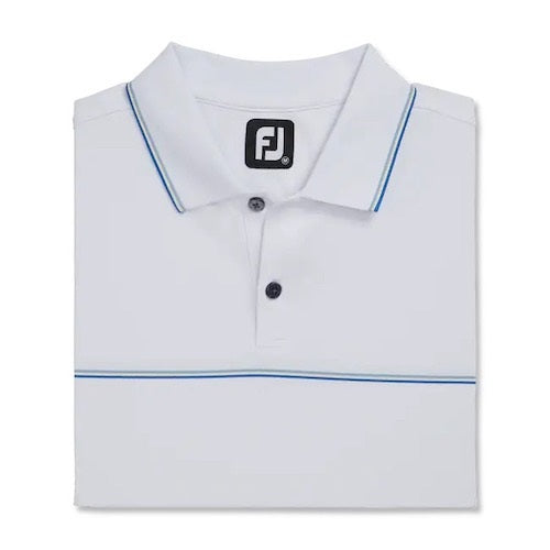 An image of a FootJoy Small Details Stretch Pique Knit Collar Polo - White / L on a white background