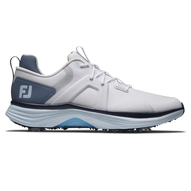 An image of a FootJoy Hyper Flex Golf Shoes - White / Slate / Blue - 8.5 on a white background