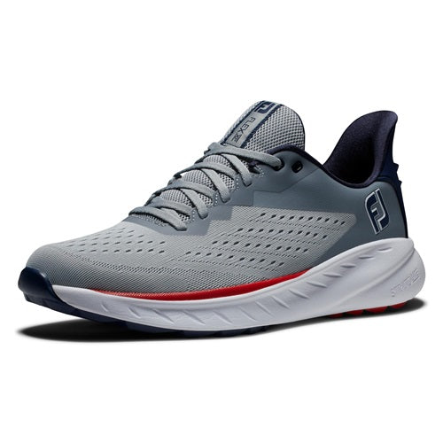 An image of a FootJoy Flex XP Spikeless Golf Shoes - Gray / White / Red - 10 on a white background