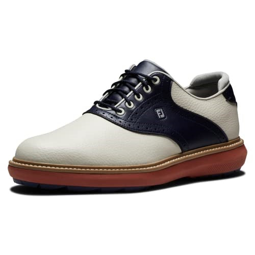 An image of a FootJoy Traditions Cleated Laced Golf Shoes - White / White / Navy - 10W on a white background